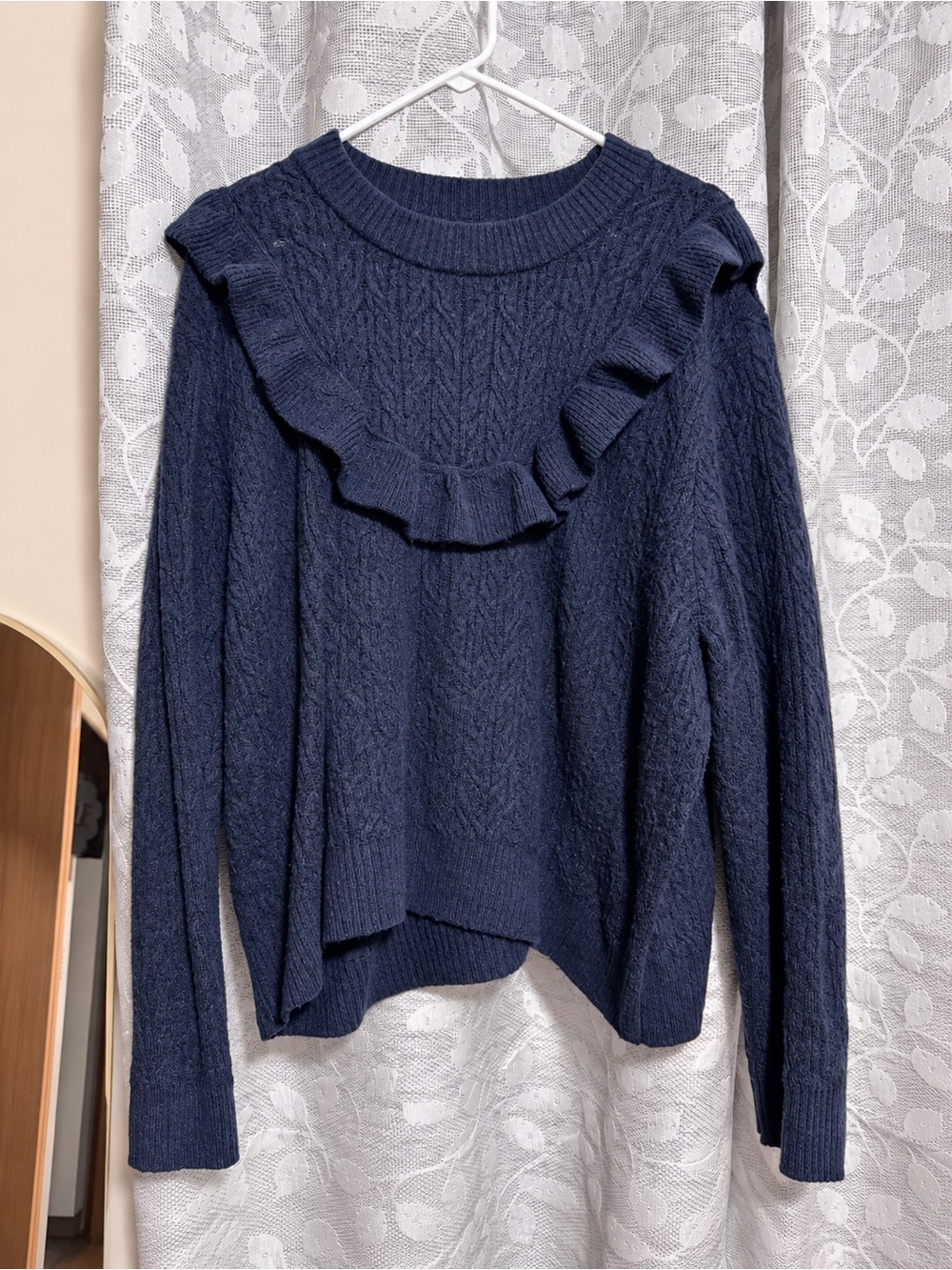 Women's Navy Ruffle Cable-Knit Sweater